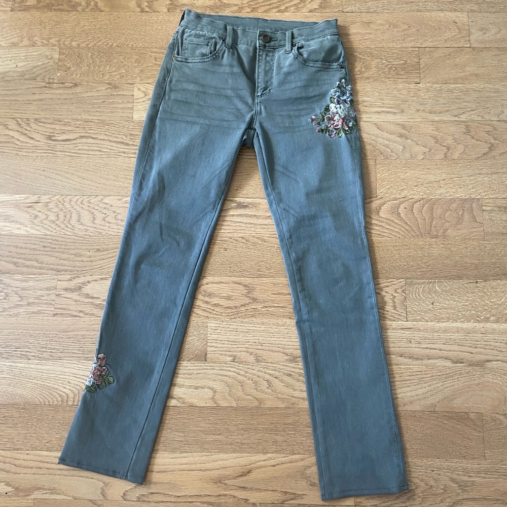 DRIFTWOOD Gray Straight Leg Jeans with Floral Embroidery